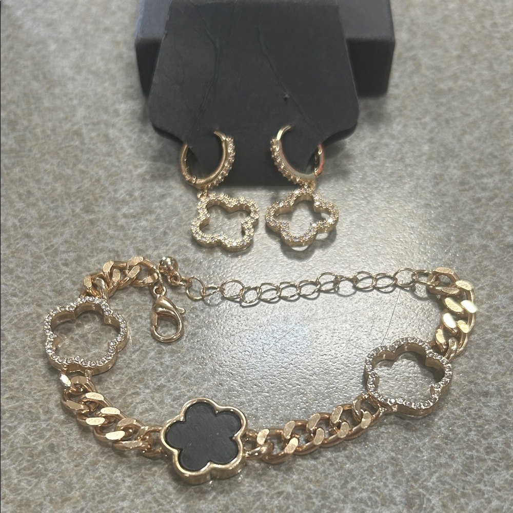Gold Four-Leaf Clover Bracelet and Hoop Earrings Set - Elegant Women’s Jewelry